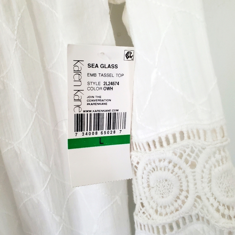 NWT KAREN KANE L White Embroidered Tassel Top Cotton Bell Sleeve Boho Coastal - Picture 4 of 14